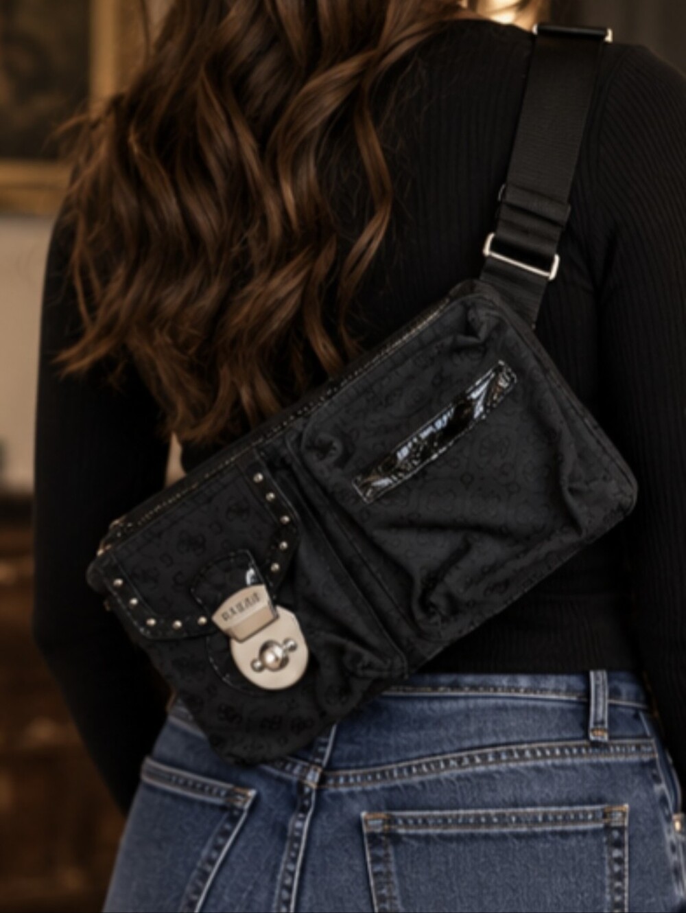 Guess Black Crossbody Belt Bag with Studded Flap